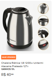 Chaleira Elétrica 1,8L 1200W Unitermi Atacama