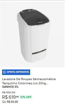 Lavadora de Roupas Semiautomática Tanquinho Colormaq Lcs 20kg Capacidade