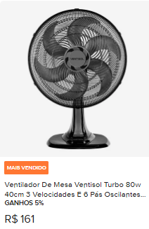 Ventilador de Mesa Ventisol Turbo 80w 40cm 3 Velocidades e 6 Pás Oscilantes Preto e Prata